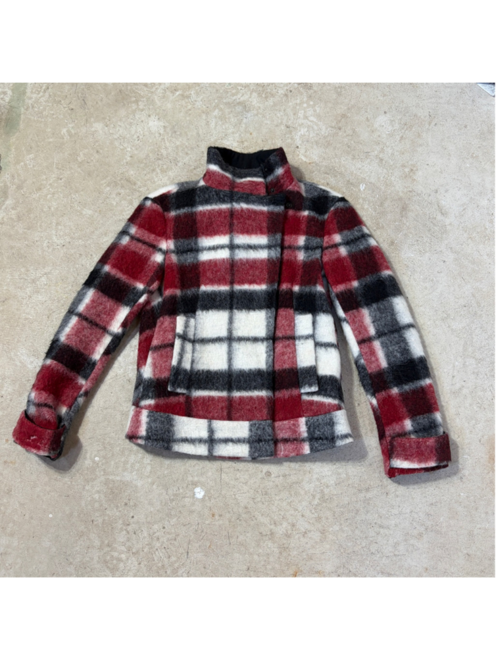 ZARA BASIC Plaid Jacket Women’s Small Mohair Wool Red Black White High Neck